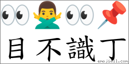 目不識丁 對應Emoji 👀 🙅‍♂️ 👀 📌  的對照PNG圖片