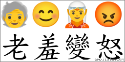 老羞變怒 對應Emoji 🧓 😊 🧝 😡  的對照PNG圖片