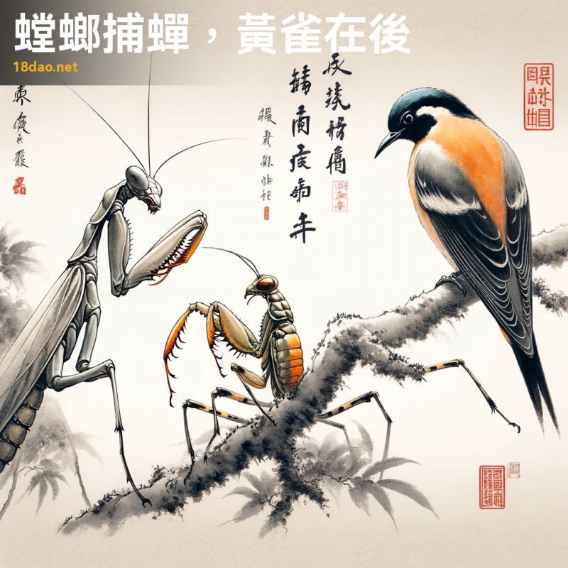 螳螂捕蝉，黄雀在后 - 成语故事配图